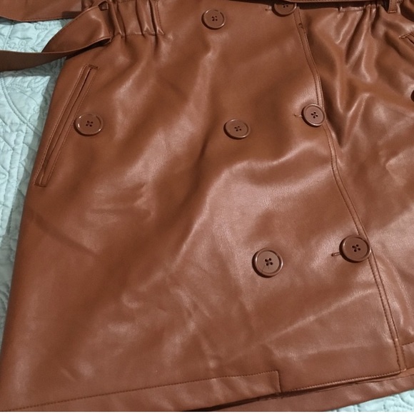 Cognac Brown Double Breasted Belted Faux Leather Skirt - Picture 3 of 8